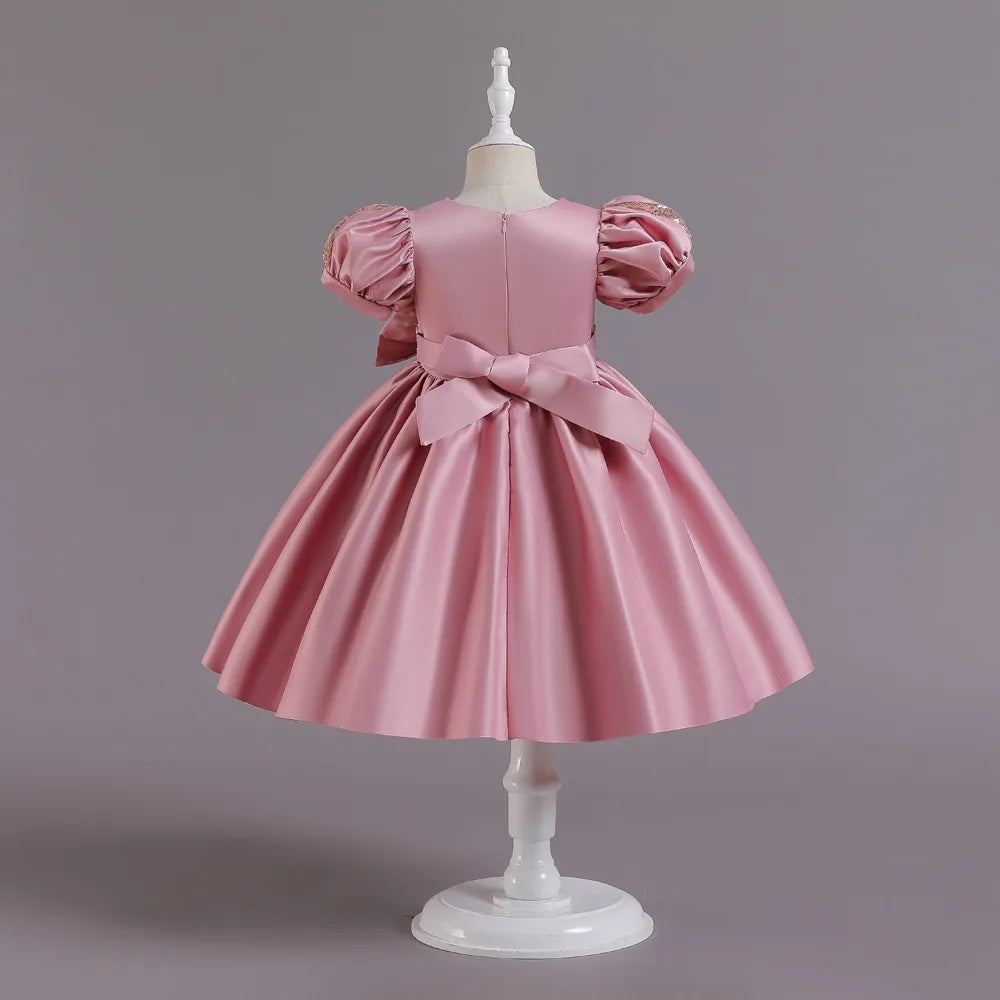 Golden Bow Satin Girls Dress For Weddings Party Children's Pageant Ball Gown Kids Formal Evening Clothing 2-8 10 Years