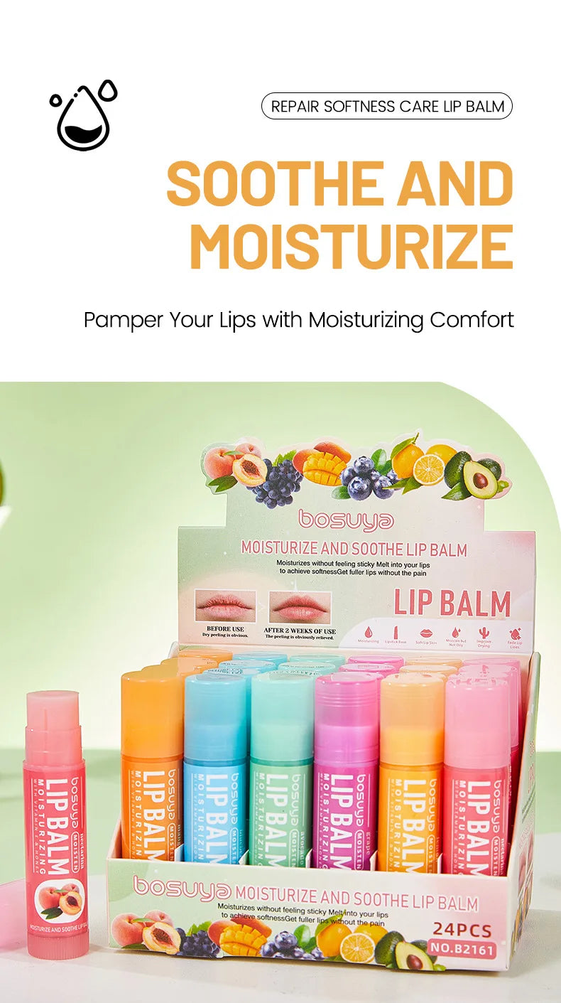 24Pcs Fruit Series Lip Balm Set Honey Grape Avocado Moisturizing Repair Anti-Cracked Non-sticky Lip Balm for Lips Skin Care