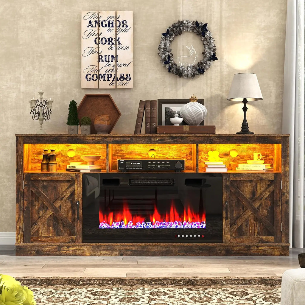 TV Stand 70-80 Inch, 32" Entertainment Center w/ 36" Electric Fireplace & LED, Media Console w/ Barn Door for , Customized