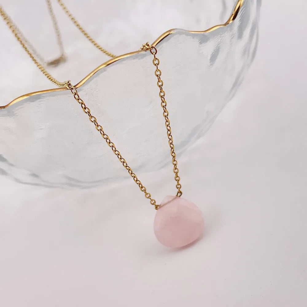 Korean Natural Crystal Pendant Necklace for Women Triangle Water Drop Real Amethysts Roses Quartz Steel Chain Crystal Necklace