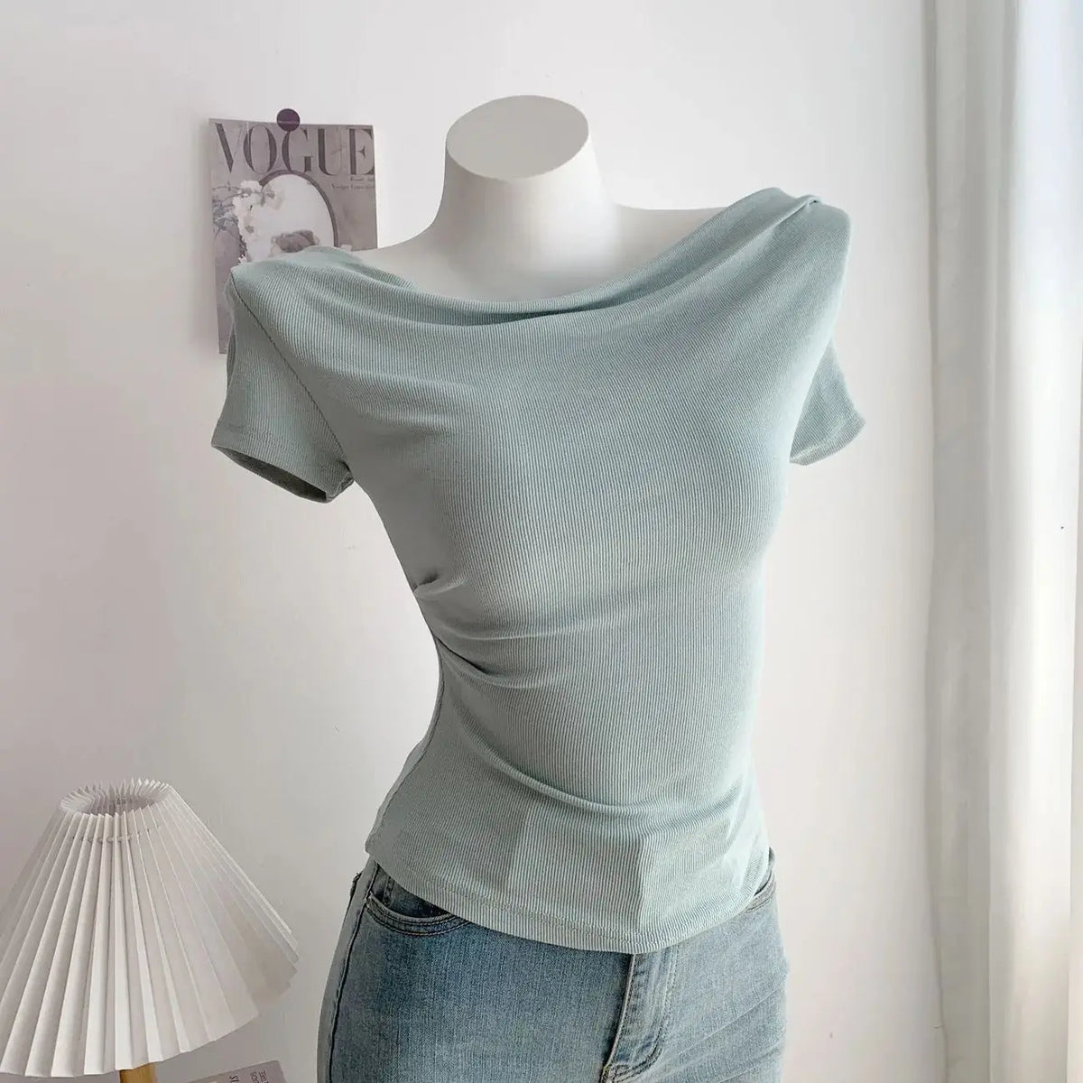 Women's One-Shoulder Modal T-Shirt - Pleated Slim Fit Korean Style