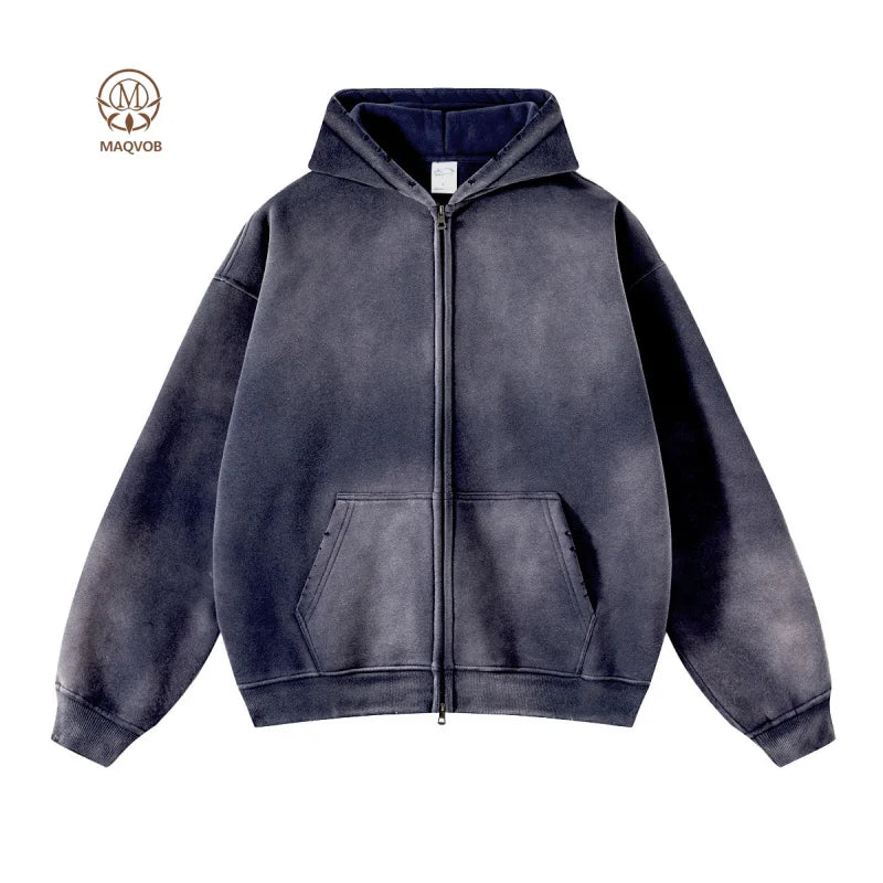 Maqvob European And American High Street Autumn Tie Dye Washed Vintage 360G Fleece Lined Double Zip Puller Sweatshirt Hoodie