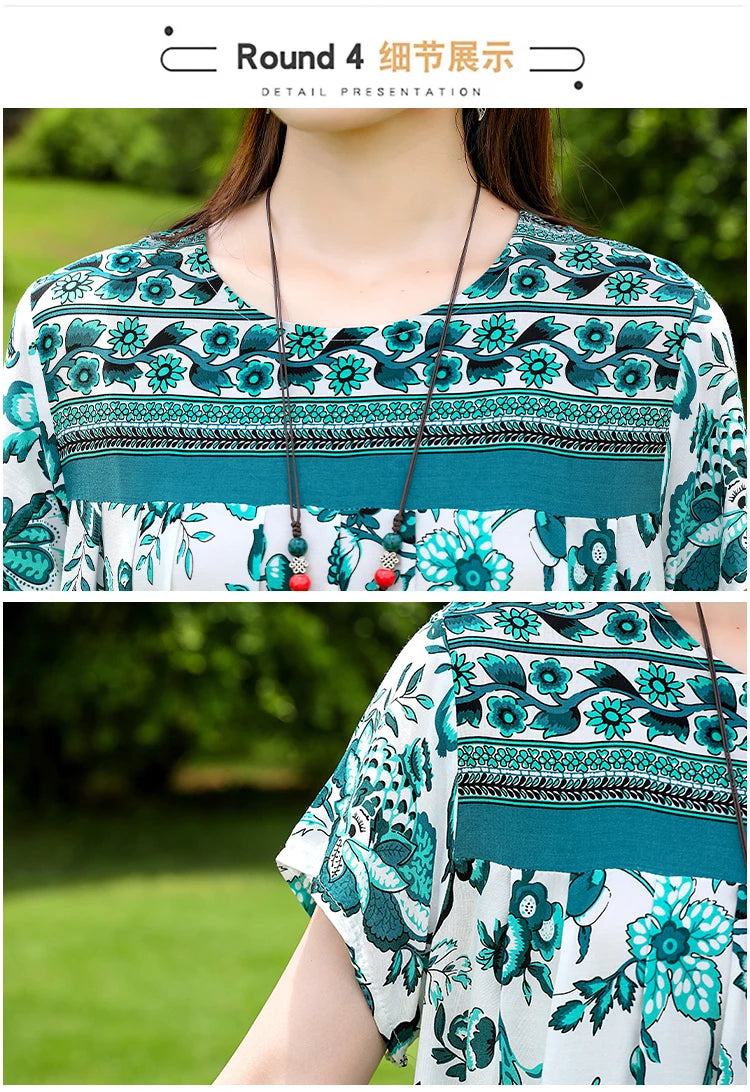 New Fashion Casual 2025 Summer Elegant Dresses For Women O-Neck Print Vintage Short Sleeve Dress Loose Women Clothing