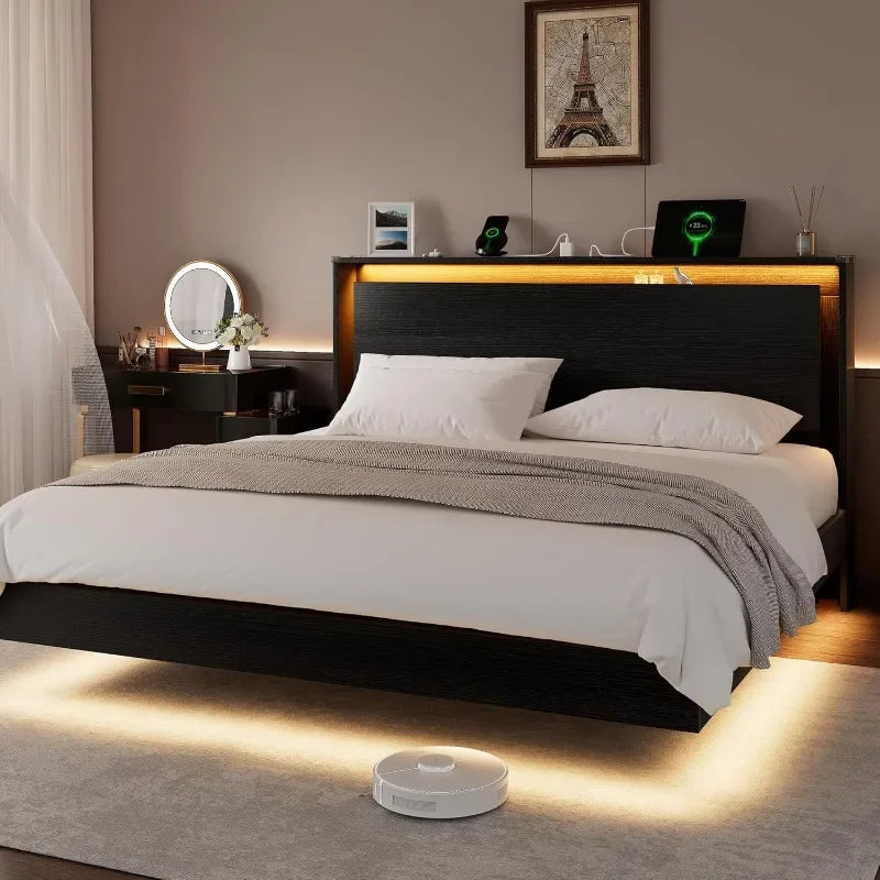 Einhomn King Size Bed Frame with LED Lights & Charging Station – Wood Floating Bed Frame with Storage Headboard, Adhesive Slats