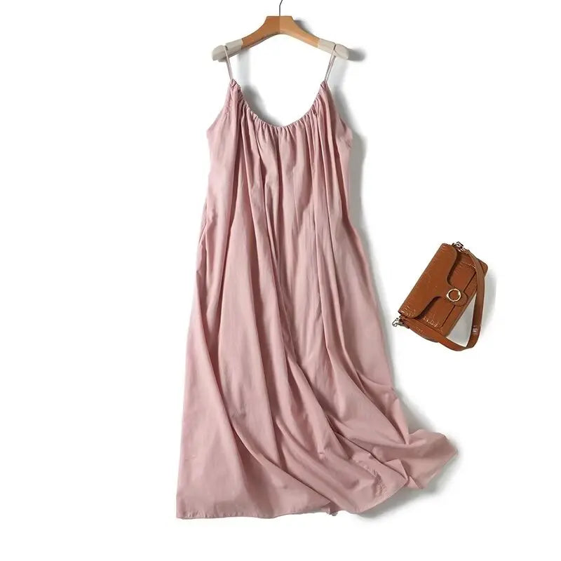 Dave&Di Summer Dress Women Vestidos French Minimalist Pink Suspenders Dress Pleated Fashion Linen Sexy Elegant Midi Dress