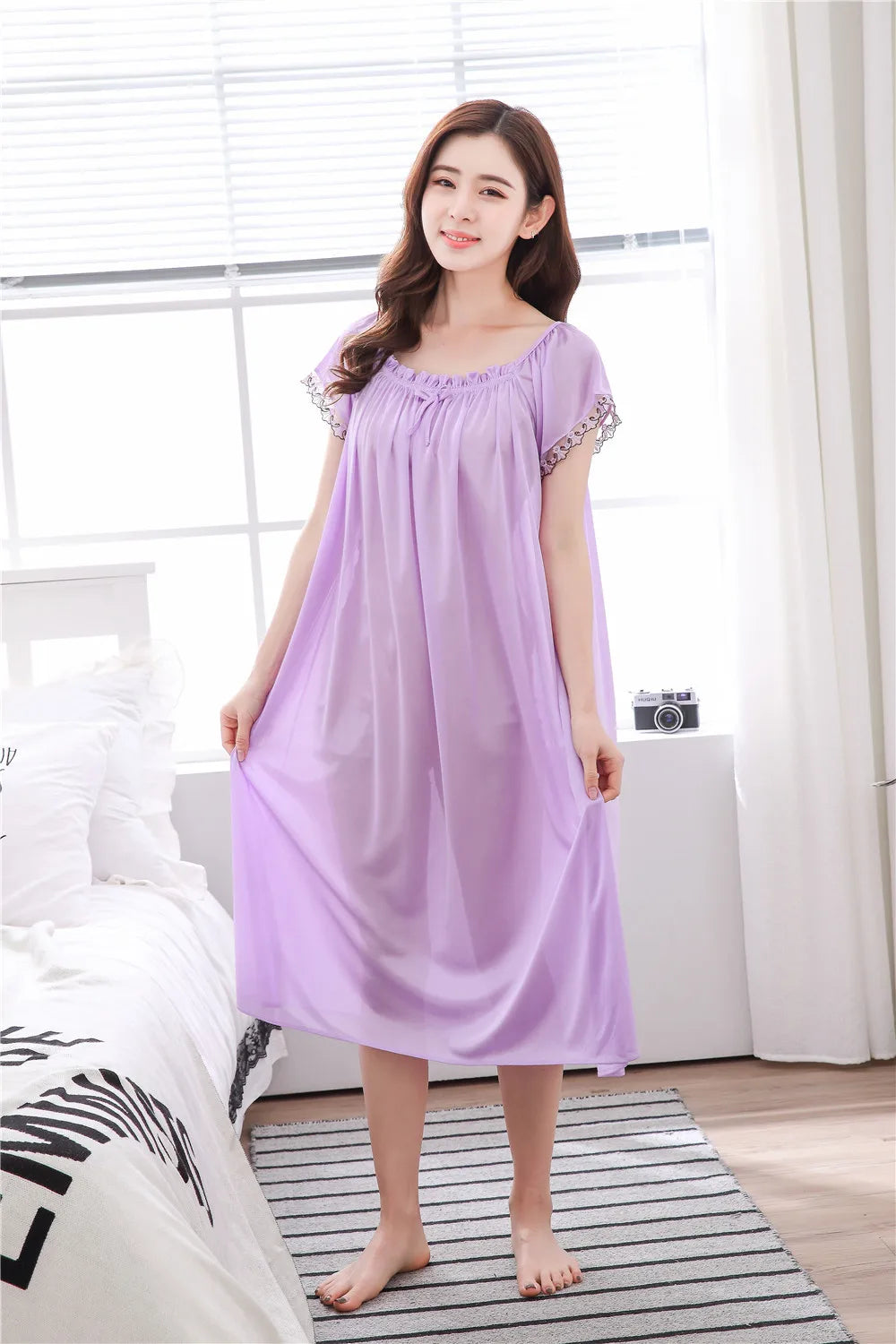 2026 New Women's Summer Imitation Silk Sleeping Skirt Multi Colored Short Sleeved Home Clothes Ice Silk Pajama Dress