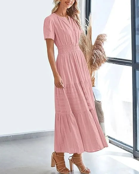 Summer Solid Color V-neck Tight Waist Dress French Style Elegant Pleated Large Swing Long Dress Casual Vacation Style Slimming M
