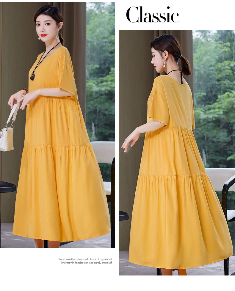New Fashion 2023 Causal Summer Dresses For Women Loose Solid Long O-neck Dress Vintage Short Sleeve Womens Clothing