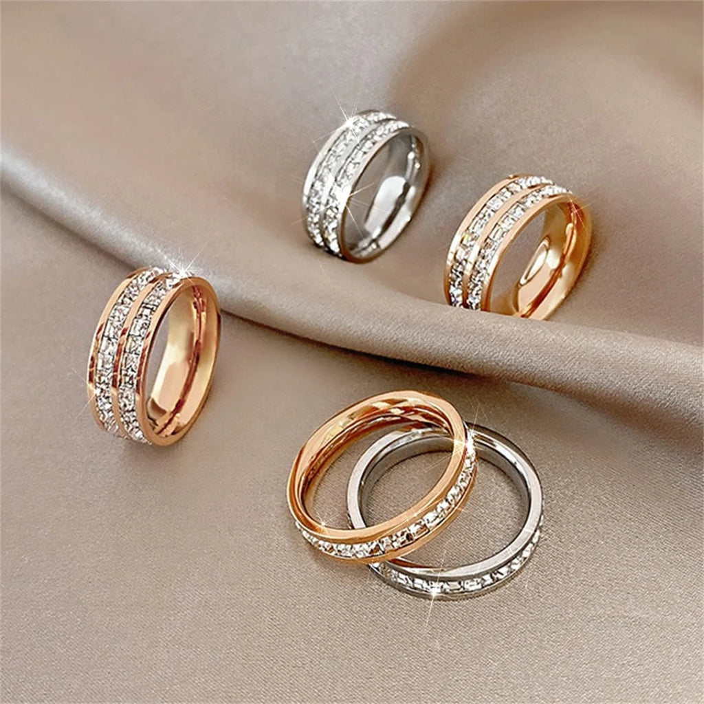 Luxury Rose Gold Double Rowed Square Zircon Stainless Steel Ring Women'S'S Romantic Engagement Wedding Jewelry Women'S