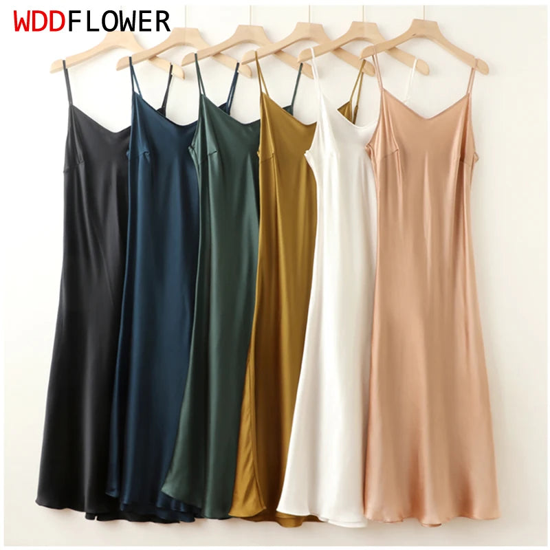 100% Mulberry Silk 22 momme Charmeuse Silk Solid Colors Women Chemise Full Slip Midi Dress Adjustable Straps Night Dress FF079