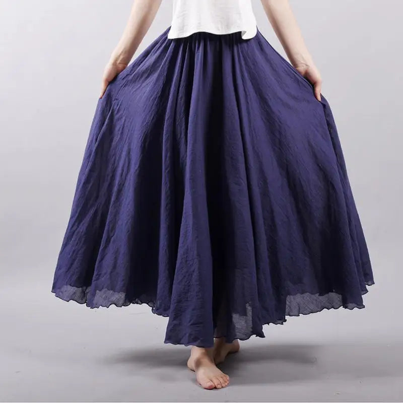 Women's Elegant High Waist Linen Maxi Skirt 2026 Summer Ladies Casual Elastic Waist 2 Layers Skirts Saia Feminina 20 Colors SK53