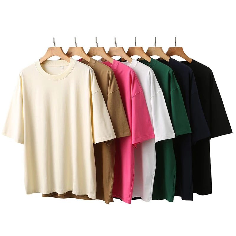 Mens Oversized 230Gsm Heavyweight Cotton T Shirt Short Sleeve Solid Colors Green White Black