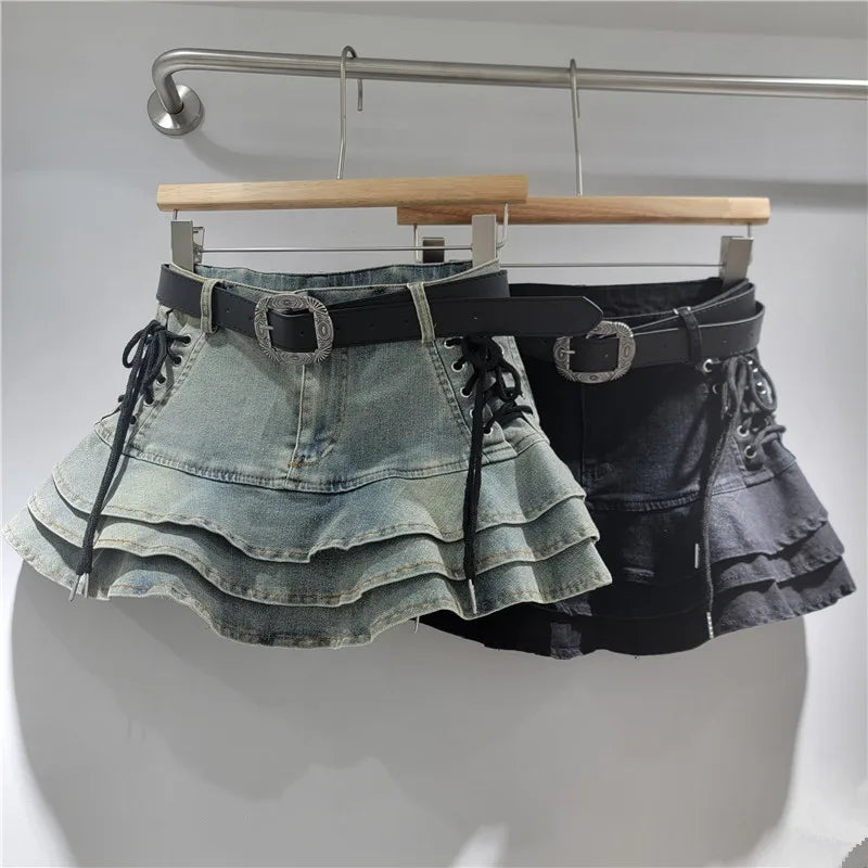 Women's Summer American Retro Style Y2K Short Denim Skirt Self-Tie Bow Sash High Rise Flattering A-Line Tier Cake Mini Skirts