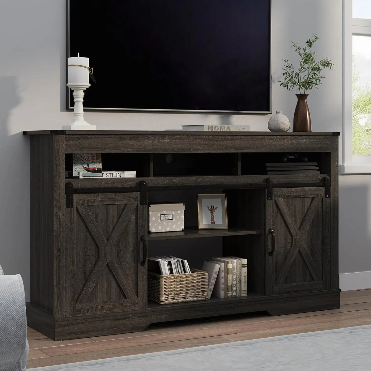 Farmhouse TV Stand for 23" Fireplace, 65" TV Console, 34" Tall Rustic Sliding Barn Door, Dark Grey, Customized