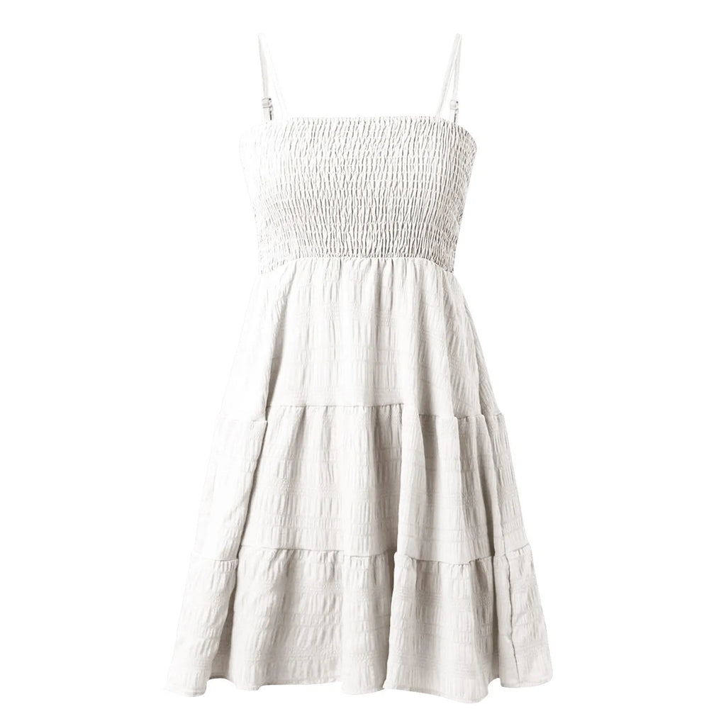 Bohemian Beach Sundress Women Sexy Sleeveless Backless Big Swing Mini Dress Solid Spaghetti Strap Ruffles Dresses Vestidos