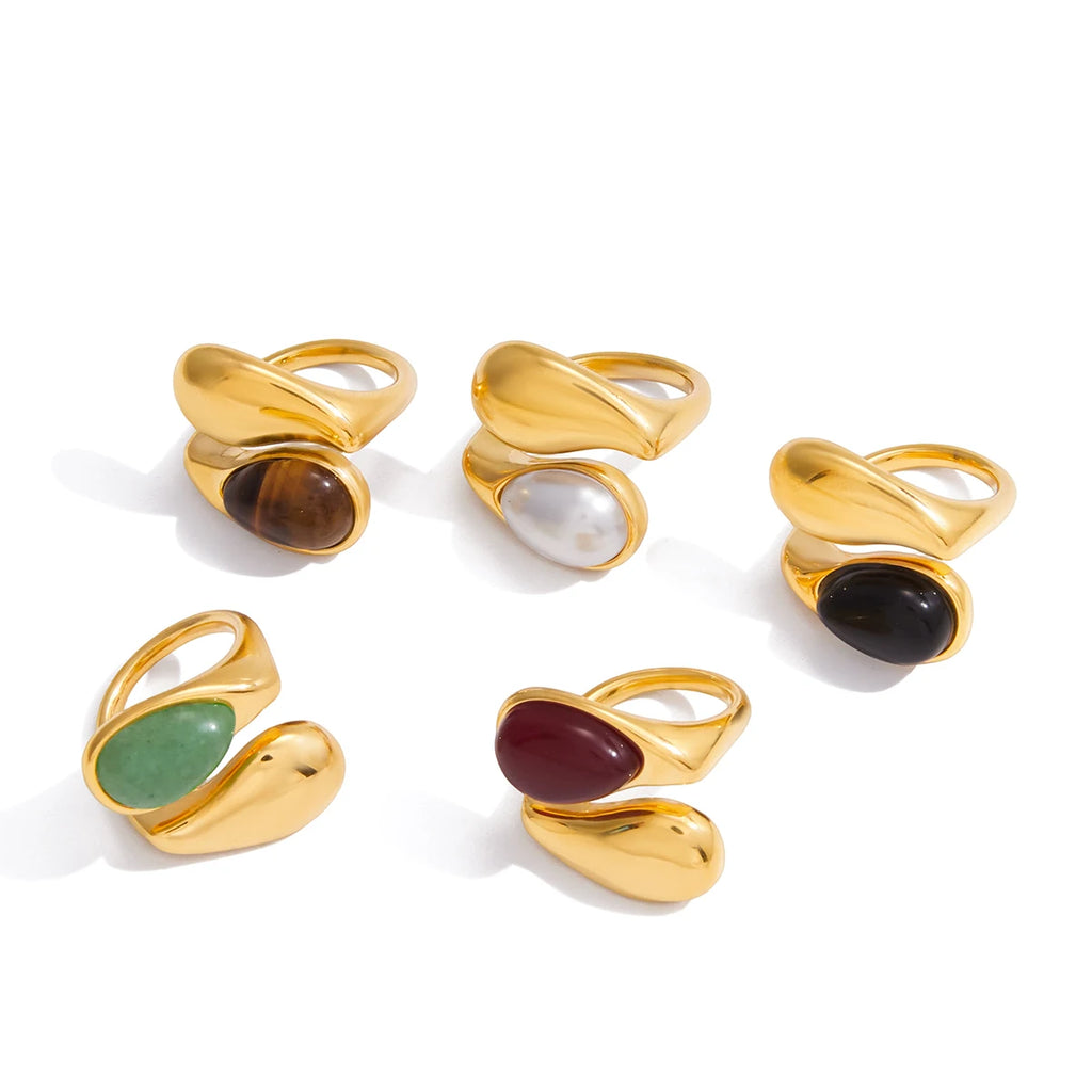 Youthway Water Drop Natural Stone Open Rings For Women Minimalist 18K Gold Plated Stainless Steel Rings Simple Fashion Jewelry