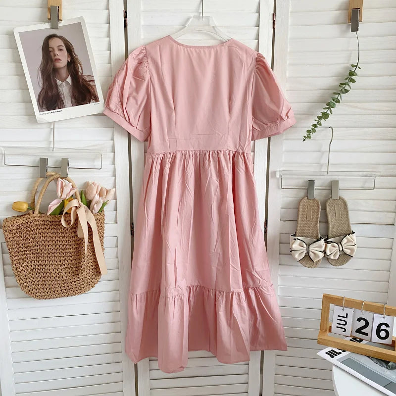Retro Elegant  Color V-neck Bubble Sleeve Waist-cinching Slimming Casual Lace Trim Dress Women Summer Midi Dress