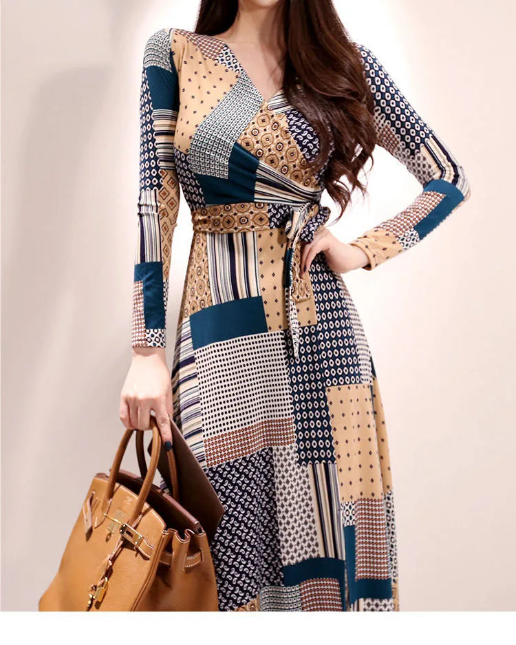 Vintage Print V-neck Lace-Up Maxi Dress | Korean Slim Long Sleeve.