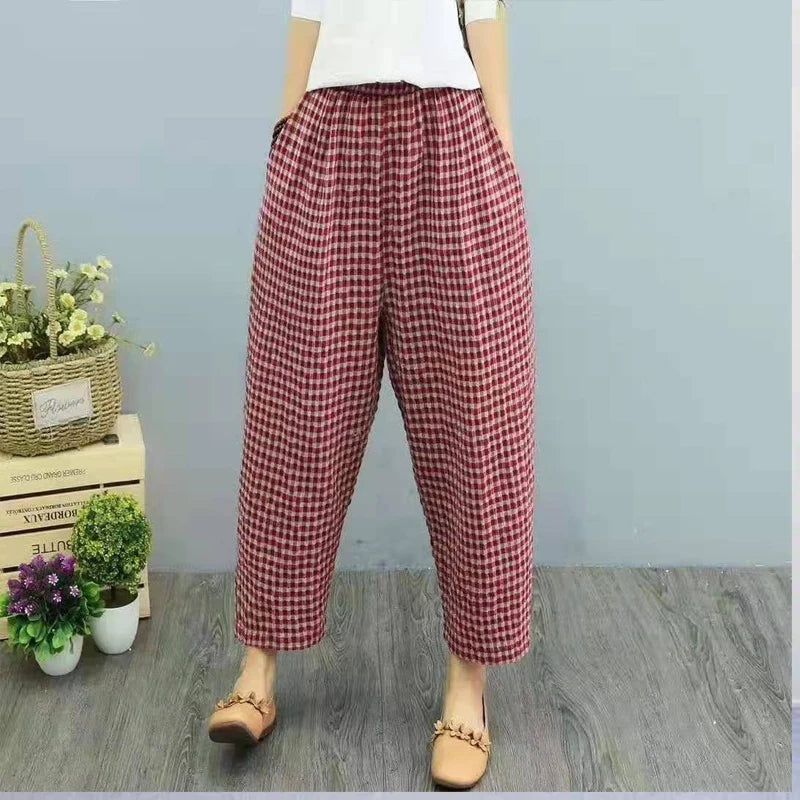Summer Plaid Fashion Haren Pants Women High Street Casual Loose Pockets High Waist Pure Cotton All-match Comfortable Trousers