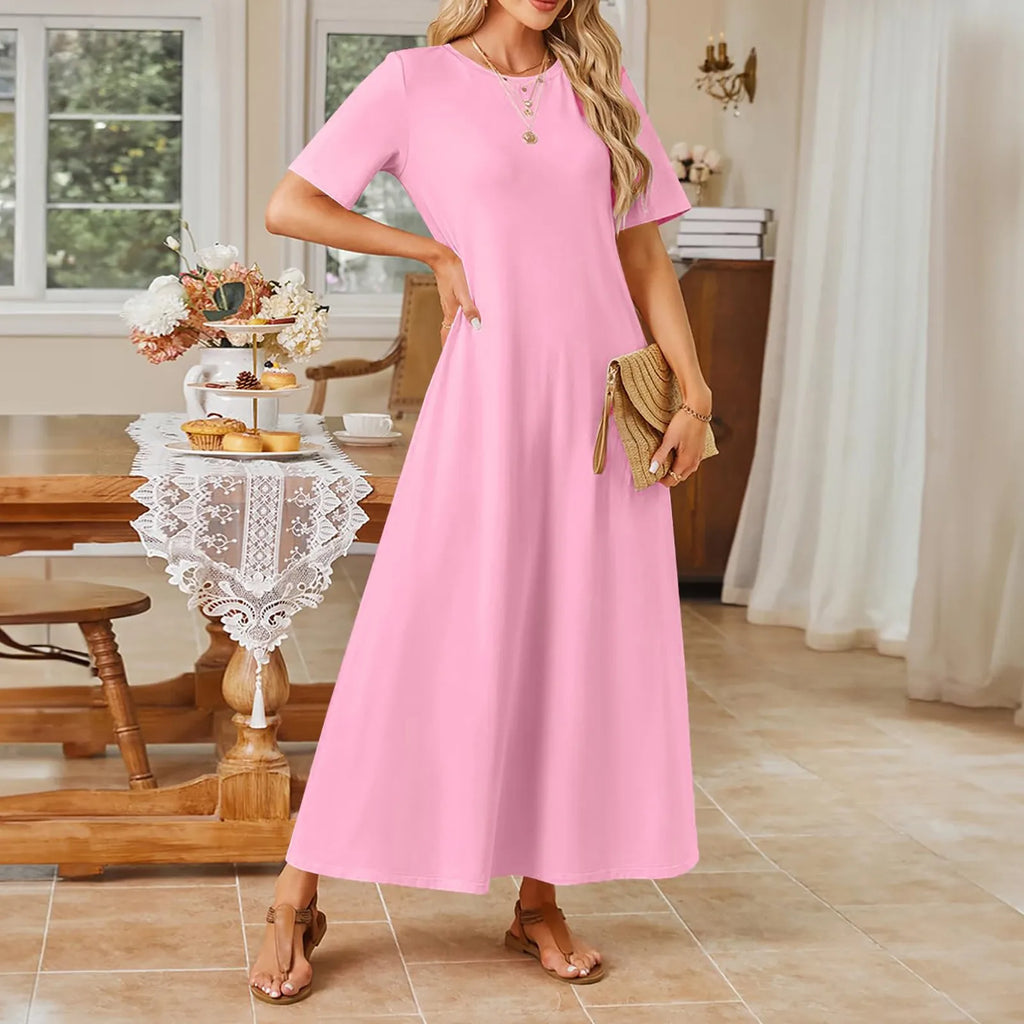Women's Elegant Slim Fit Maxi Dresses Solid Short Sleeve O Neck With Pockets Ankle Length Dresses Casual Beach Holiday Dresses