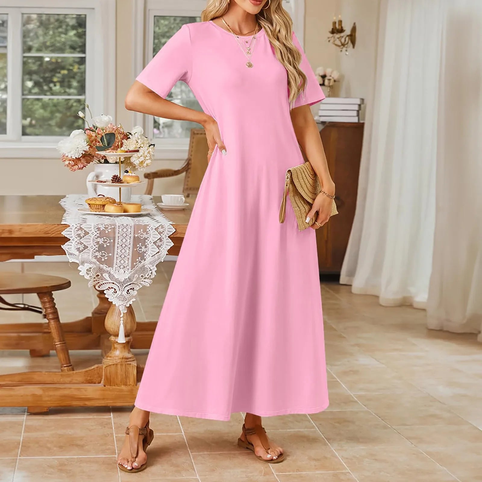 Women's Elegant Slim Fit Maxi Dresses Solid Short Sleeve O Neck With Pockets Ankle Length Dresses Casual Beach Holiday Dresses