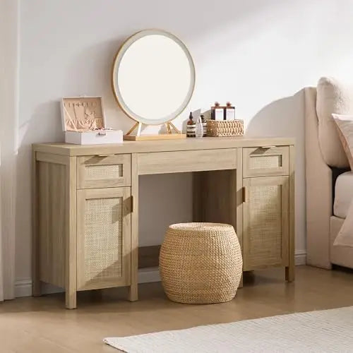 52" Rattan Vanity Desk with 3 Drawers & 2 Cabinets, Vanity Table | Large Boho Farmhouse Makeup Dressing Table, Wooden