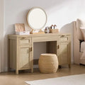 52" Rattan Vanity Desk with 3 Drawers & 2 Cabinets, Vanity Table | Large Boho Farmhouse Makeup Dressing Table, Wooden