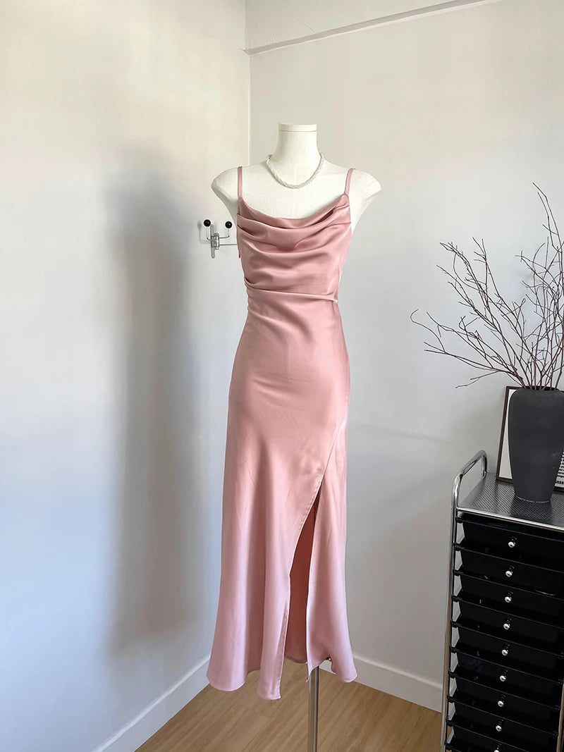 Women's Sexy Swinging Collar Satin Strap Long Dress Lady Summer Solid Color Slim Pleated Wasit Split Party Dress