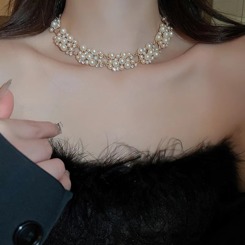 3 Pcs Rhinestone Pearl Rectangular Earrings Necklace Set Two-Piece Vintage Choker Accessory Light Luxury Jewelry Sets Wedding