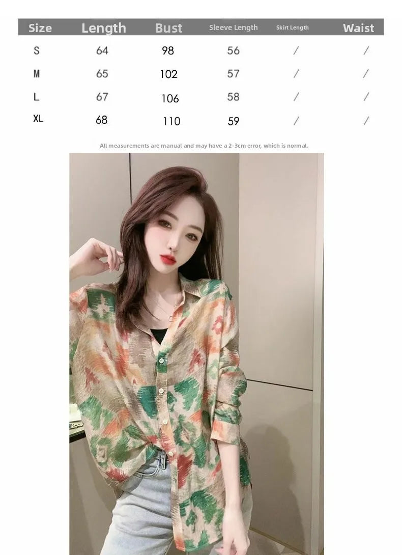 Spring 2026 Floral Print Loose Long Sleeve Women's Shirt Fashionable Versatile Korean Style Commute Polonaise Polyester Fiber