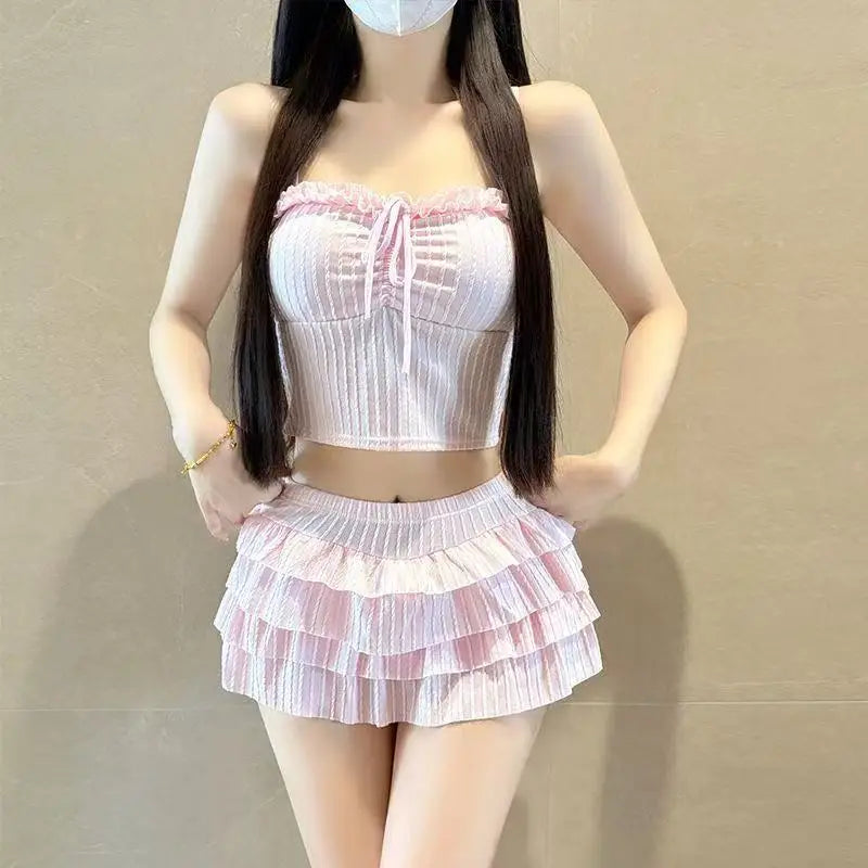 Sweet Sister Two-Piece Swimsuit Female Cake Skirt Slimming Female Polyester Fabric with Chest Pad No Steel Support