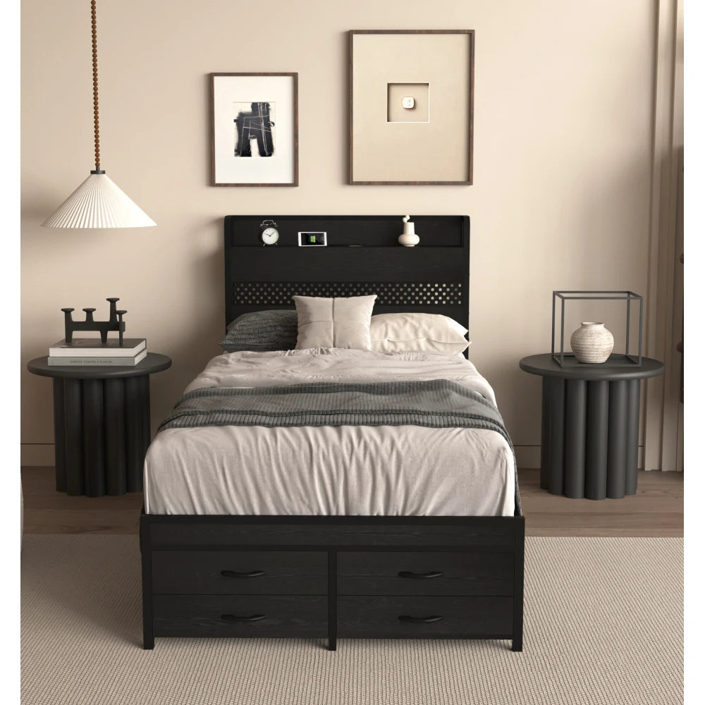 Orraves Twin Bed Frames with Headboard, Twin Size Bed Frames with Storage Drawers, Twin Bed, Black Metal Platform Bed Frame, Single Bed Frame, No Box Spring Needed