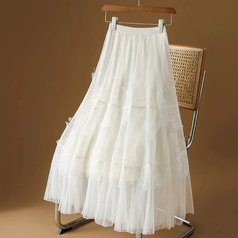 Woman Mesh Long Midi Cake Skirt Solid Color Elegant French Tiered Fairy Tulle Skirts Khaki Casual High Waist Faldas