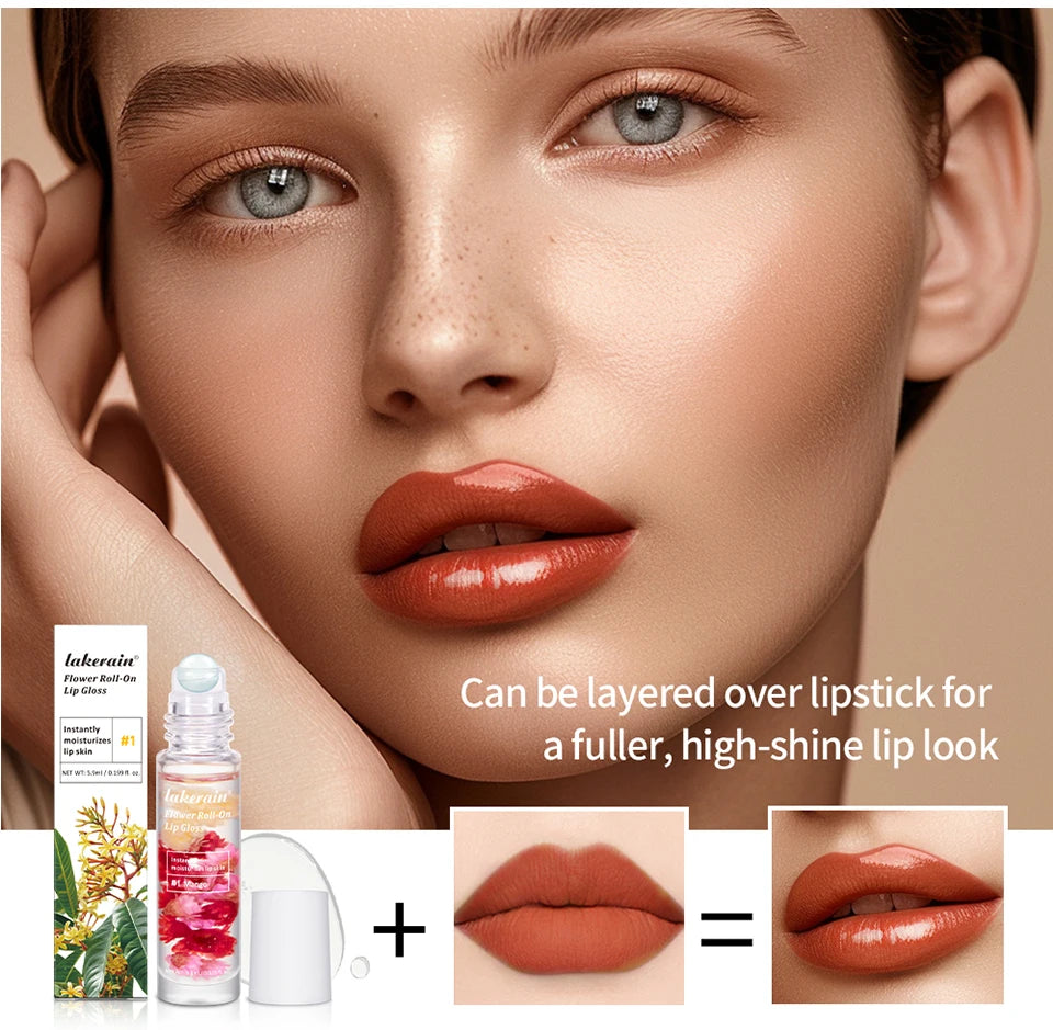 Lakerain Flower Roll-On Lip Gloss Fruit Flavor Sweet Taste Soften Lip Skin Long Lasting Gloss Deep Moisturizing Bright Gloss