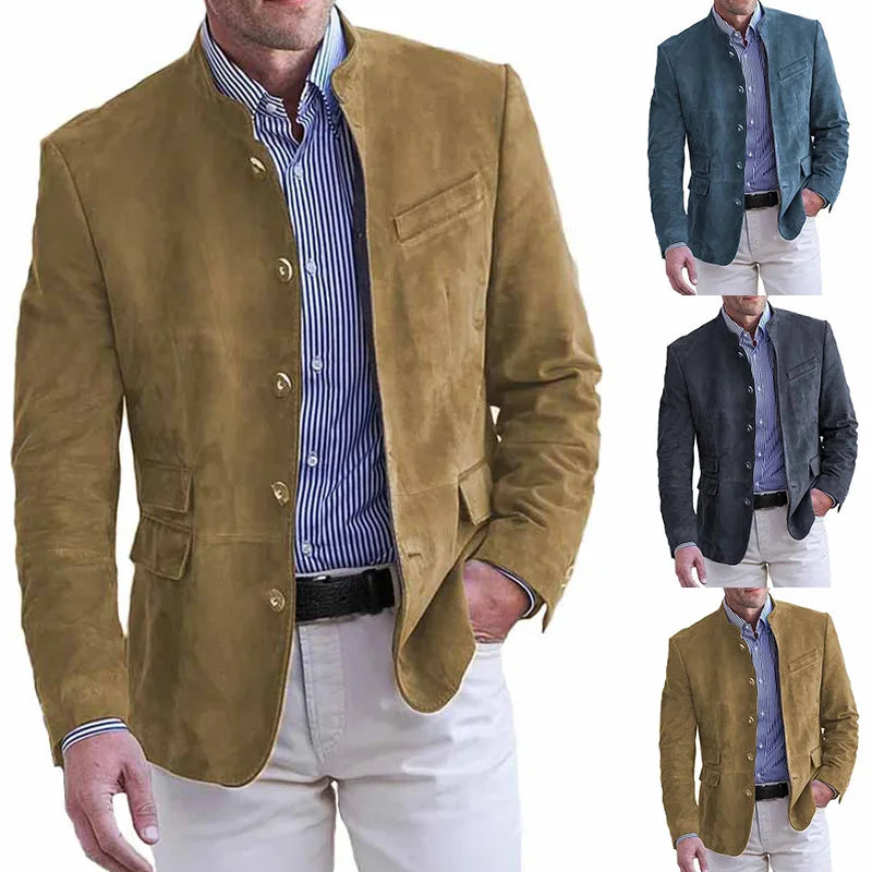New Men's Business Casual Suit Jacket Autumn Winter Fashion Commuter Daily Basic Blazer Solid Stand Collar Jacket Men's Clothing