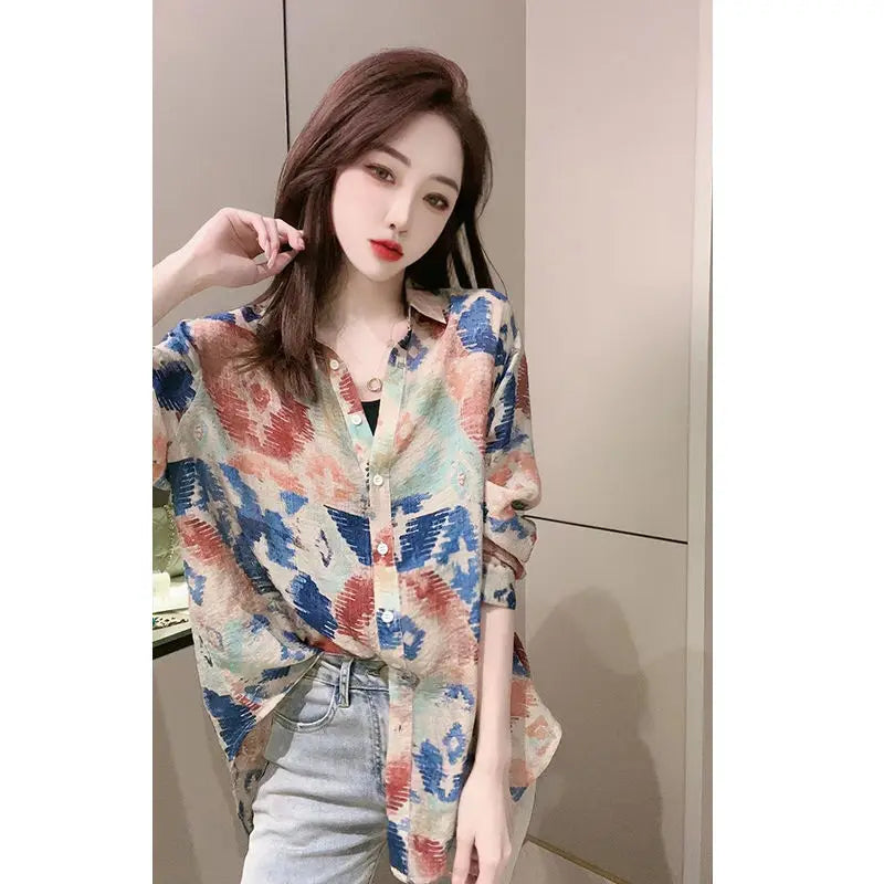 Spring 2026 Floral Print Loose Long Sleeve Women's Shirt Fashionable Versatile Korean Style Commute Polonaise Polyester Fiber