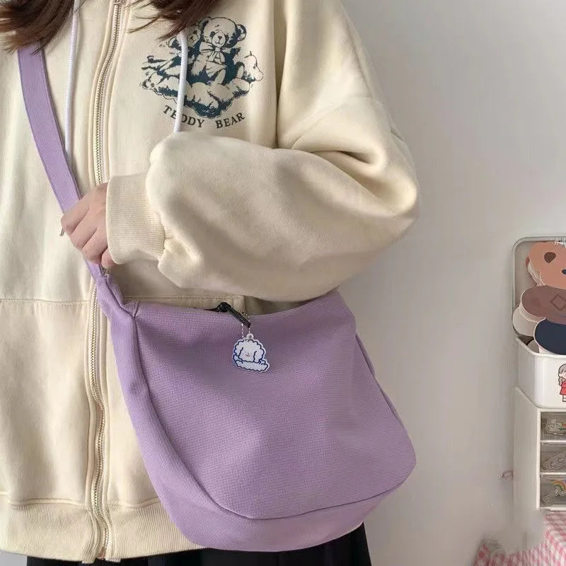 Canvas Crossbody Bag, Large Capacity Casual Shoulder Purse with Cute Bag Charm, Adjustable Strap for Teen School Sling Bag
