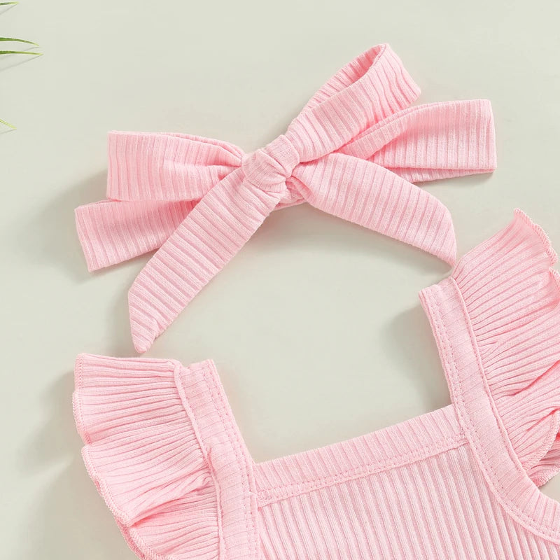0-18M Summer Lovely Toddler Baby Girls Boys Clothes Sets Solid Knit Ruffles Sleeve Bodysuit Romper Tops Shorts 2Pcs Clothes