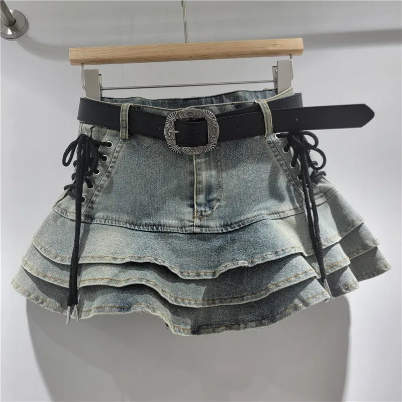 Women's Summer American Retro Style Y2K Short Denim Skirt Self-Tie Bow Sash High Rise Flattering A-Line Tier Cake Mini Skirts