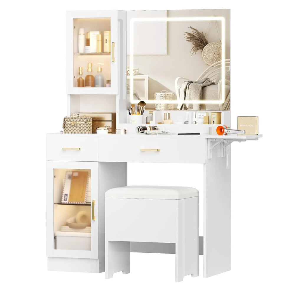 Vanity Desk with Mirror & LED Lights, Makeup Table with Stool & Storage Drawers for Bedroom, Customized