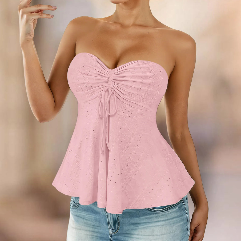 Chic Off Shoulder Bandeau Ruffled Vest Tops Women Summer Sleeveless Backless Strapless Tank Tops Street Casual Eyelet Cami Top