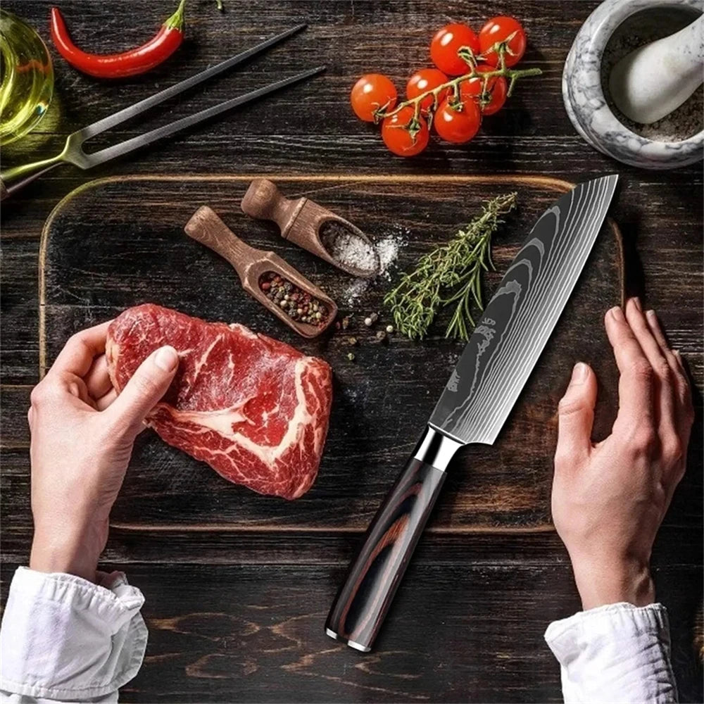 Cuchillos de cocina Cuchillo de carnicero para carne, fruta, pescado Cuchillo para deshuesar de acero inoxidable Cuchillo de carnicero de Damasco con láser Herramienta de chef