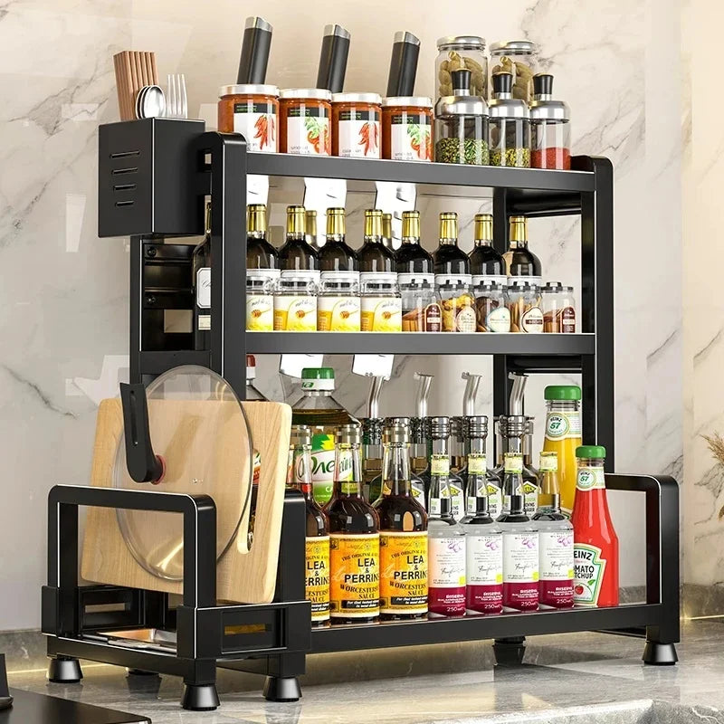 Estante metálico para especias de 2-3 niveles ajustable, organizador de almacenamiento de cocina multifuncional de pie con dispositivo de fijación, soporte para cuchillos