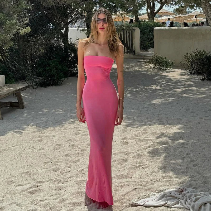 Summer Women Y2K Clothes Beach Vacation Party Elegant Women Solid Strapless Backless Bandage Sexy Bodycon Maxi Dress