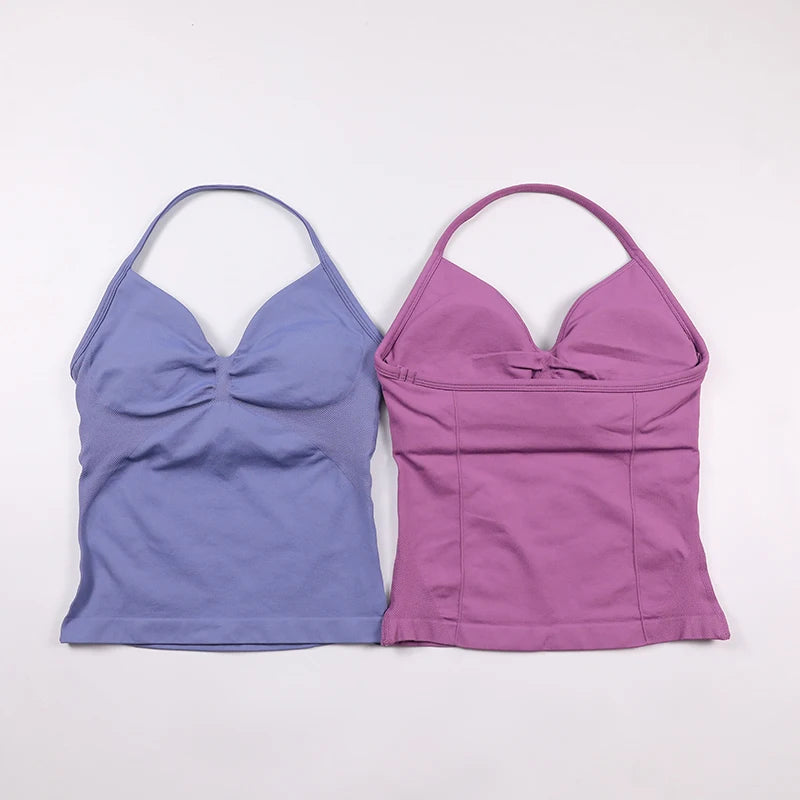 No Logo Longline Strappy Top Women Seamless Yoga Tank Top Ruched Backless Gym Clothes Workout Sleeveless Shirt With Built In Bra