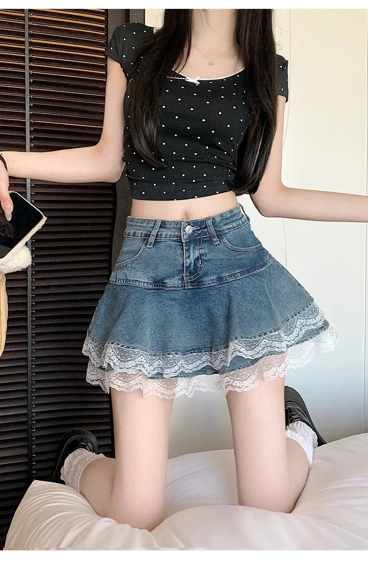 Summer Denim Skirt Women Fashion Streetwear Ruffles Kawaii Lace Skirts Shorts Preppy Mini Y2K School Pleated Jeans Skirt 2026