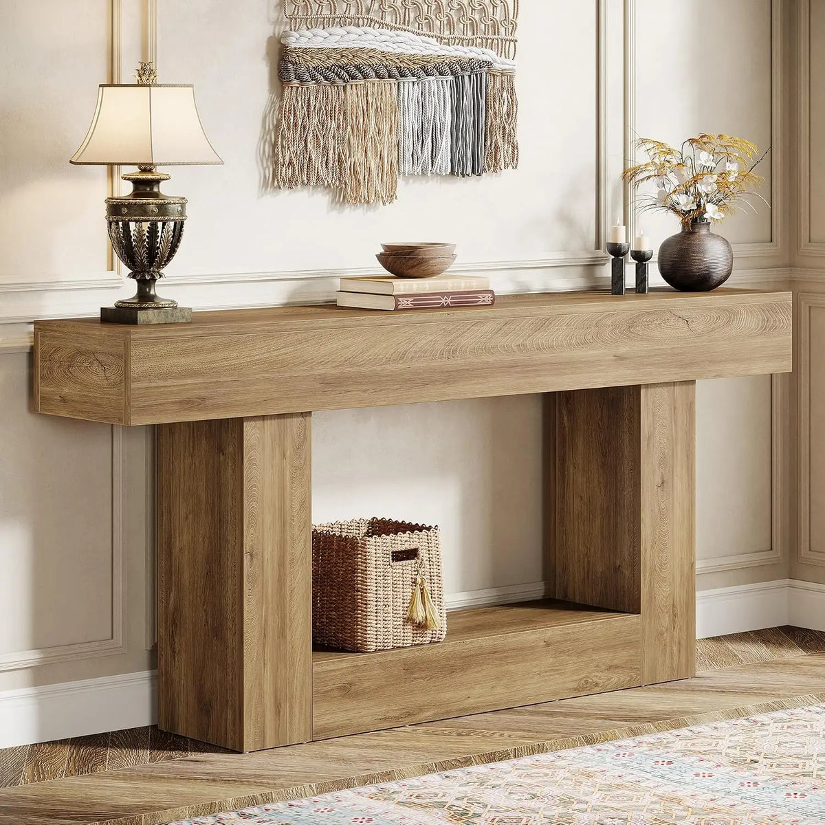 Farmhouse 2-Tier Console Table with U-Base, Narrow Long Wood Sofa Table for Entryway Living Room Hallway, 63", Customized