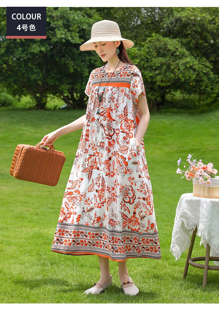 New Fashion Casual 2025 Summer Elegant Dresses For Women O-Neck Print Vintage Short Sleeve Dress Loose Women Clothing