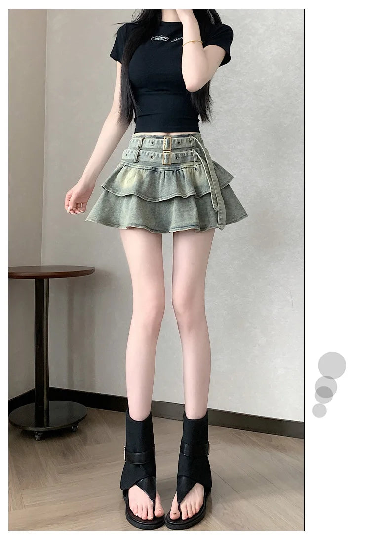 American Pure Desire Spicy Girl Design Elastic Denim Skirt Half-length Pleated Cake Skirt Short Commute High Elasticity