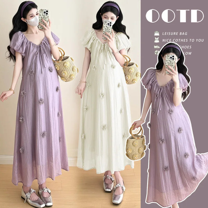 2026 Spring Maternity Floral Clothes Summer Loose Fit Pregnant Woman Chiffon Dress Shoulderless Beach Holiday Dresses
